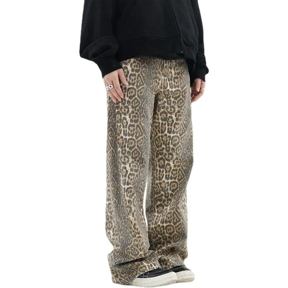 Denim - Leopard Print Denim Jeans Women High Rise Baggy Y2k 32 Inseam Stylish